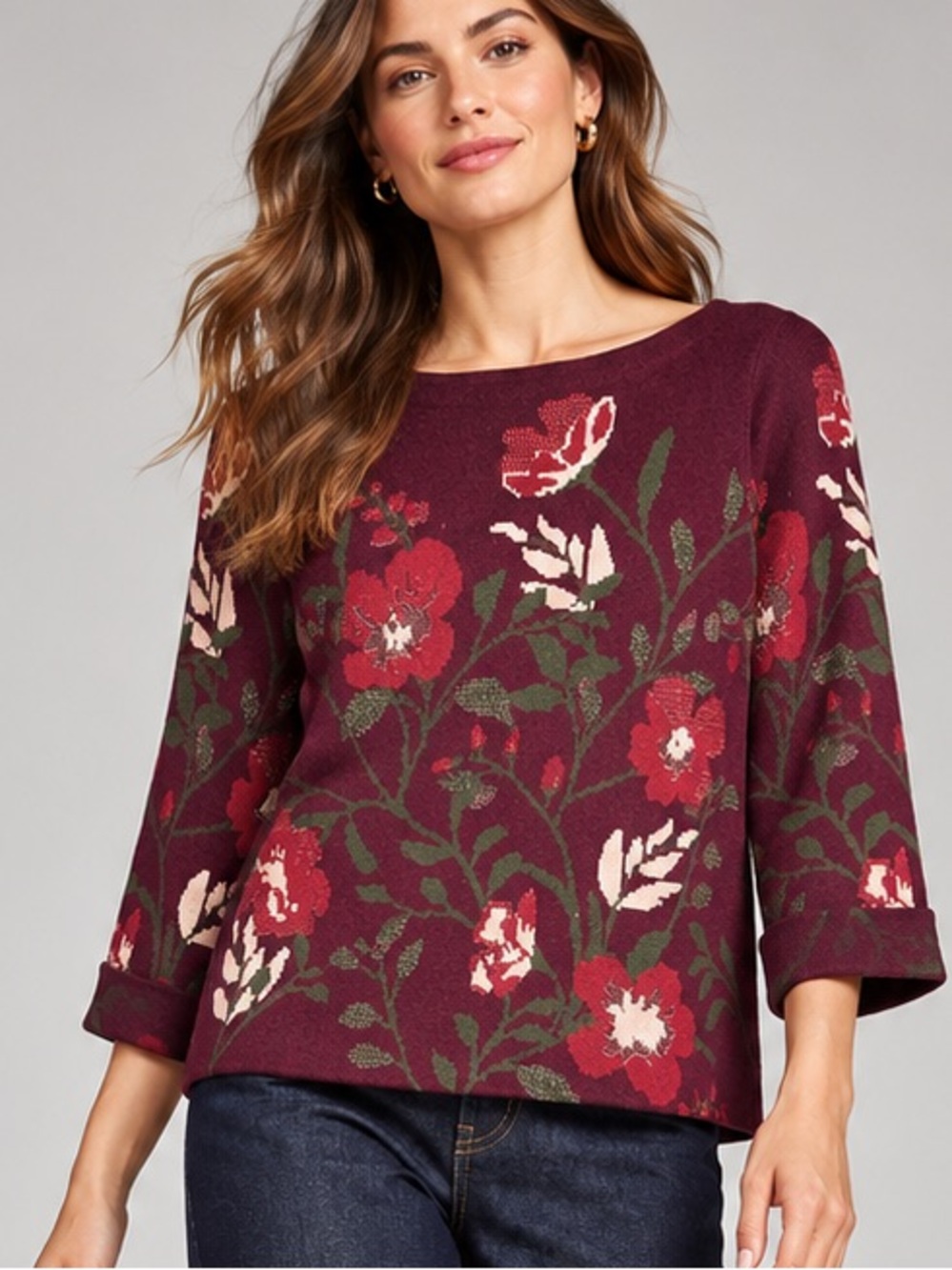 Plum Floral Jacquard Boat Neck Sweater – Small